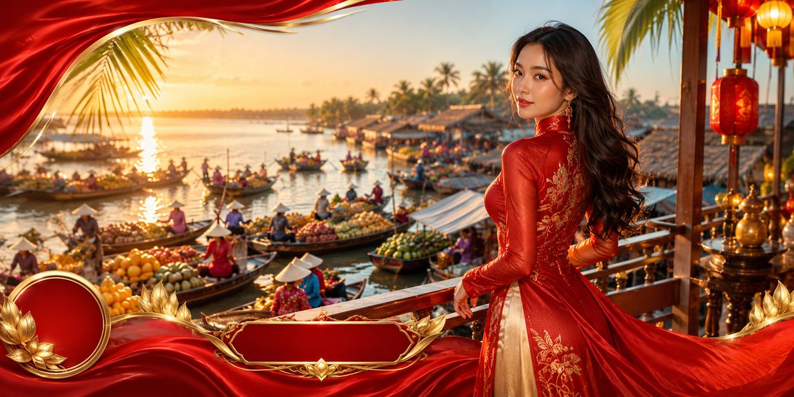Người chơi cá cược vui vẻ trong trang phục áo dài trên nền đồng bằng sông Mekong